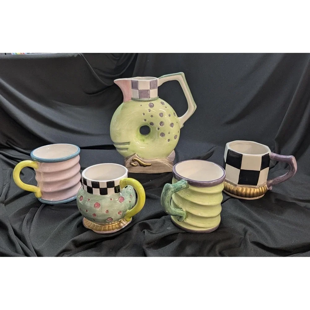 Vintage 1998 CBK Ltd Ceramic Whimsical Tea Set 5 Piece Postmodern Memphis Style